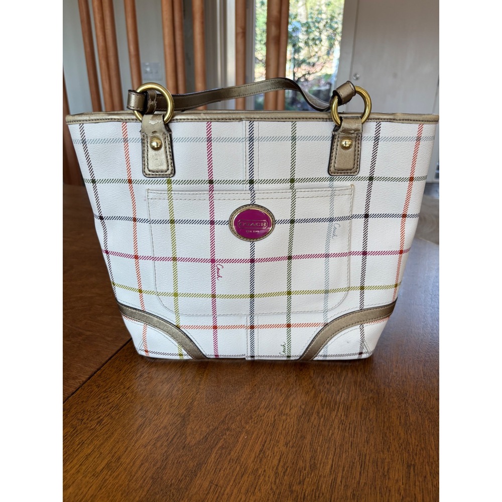 Coach Poppy Tartan Plaid Tote Bag White Multicolor Metallic Gold F20028